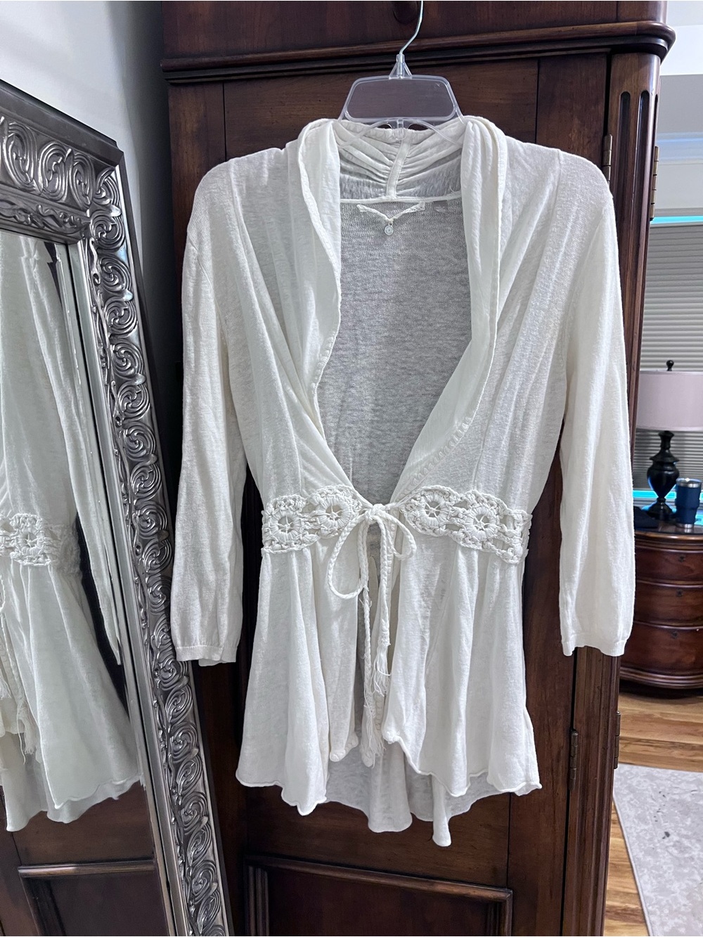Anthropologie Lightweight White Crochet-Waist Wrap Cardigan -3/4 sleeve
